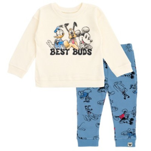 Disney Mickey Mouse Donald Duck Pluto Infant Baby Boys Waffle Knit Drop Shoulder Sweatshirt and Jogger Pants Outfit Set Cream / Blue 18 Months