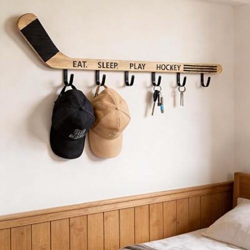 Wooden Hockey Room Decor Stick Wall Mounted Coat Rack 6 Hooks