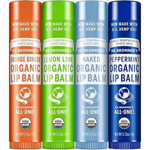 Dr. Bronner's Organic Lip Balm Peppermint, Orange Ginger, Naked, Lemon Lime Made with Organic Beeswax