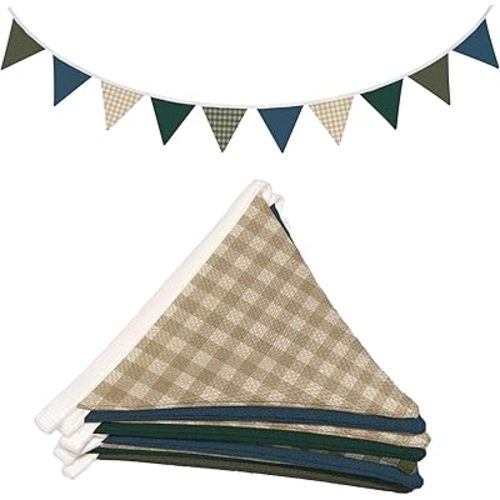 Lacama Boys Toddler Room Playroom Nursery Decor,Garland Triangle Banners Blue Grey, Vintage Warm Neutral Plaid Design Pennant Banner Bunting Flags Fabric for Baby Shower Birthday Party Decorations