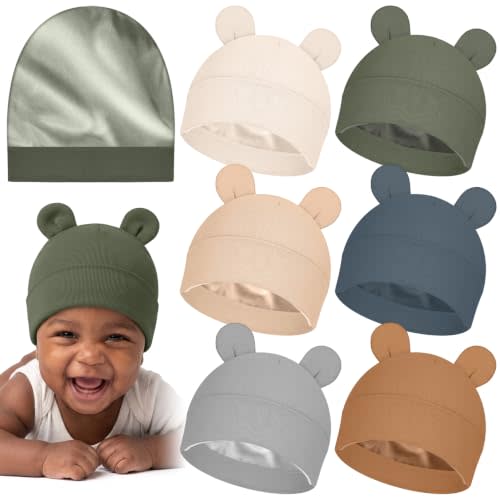 Shihanee 6 Pcs Satin Lined Newborn Hats Bonnet 0-6 Months | Silk Infant Bonnet Baby Caps Beanie for 0-6 Months Baby Boys Girls, Soft Silk Protect Hair Scalp, Hospital Daily Wear