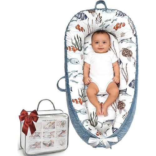 Baby Lounger-Breathable and Soft Organic 100% Cotton, Portable Infant Lounger with Removable Lounger Cover, Baby nest Lounger for Newborn - Sea World