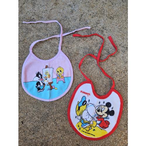 Vintage 90s Baby Bib Set, Looney Tunes Sylvester Tweety & Disney Mickey Donald, 1997 Playskool Bibs, Retro Infant Feeding