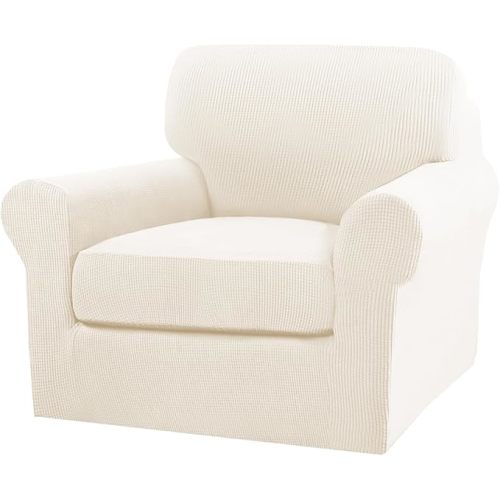 Turquoize 2 Piece Chair Covers Armchair Slipcovers for Living Room Armchair Sofa Cover with Individual Cushion Covers Feature Jacquard Fabric (Chair, Cream)