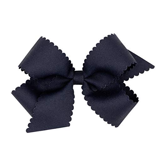 Wee Ones Girls' Classic Grosgrain Hair Bow with Scalloped Edges, No-Slip Hair Clip, Handmade, Navy, Medium