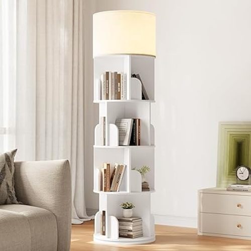 Rotating Bookshelf with Light, 4 Tier Spinning Bookshelf Tower, 360° Revolving Bookcase, Small Corner Book Shelf for Kids Rooms, Bedrooms, Living Rooms, Home Offices, and Compact Areas, White