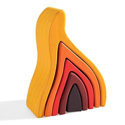 Wooden Rainbow Stacking Toy, Fire Elements Wooden Stacker, Various Shapes Nesting Stacking Blocks, Waldorf & Montessori Open-Ended Education Toy for Kids/Toddlers