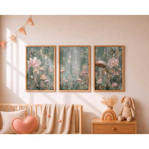 Enchanted Forest Mushroom Nursery Wall Art, Sage Pink Set of 3 Unframed Prints, Whimsical Fairy Triptych for Boho Nursery Bedroom Decor