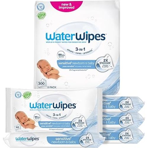 WaterWipes Sensitive+ Lingettes pour nouveau-né et bébé, nettoyage, soin, protection 3-en-1, 99,9% d'eau, non parfumées et hypoallergéniques, lot de 300 (5 paquets)