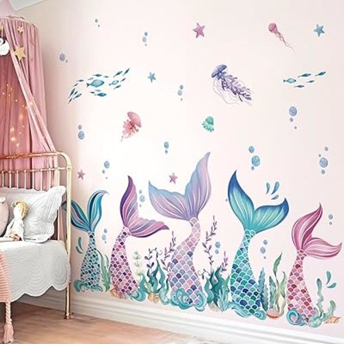 wondever Mermaid Tail Wall Stickers Under The Sea Mermaid Bubble Seaweed Peel and Stick Wall Art Decals for Baby Nursery Girls Bedroom Bathroom