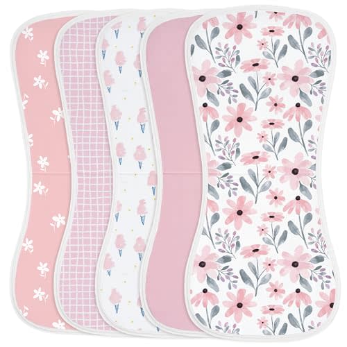 Yoofoss Baby Burp Cloths 100% Organic Cotton 5 Pack Burping Cloths for Babies Boys Girls Large 21''X10'' Extra Soft and Absorbent Flowers
