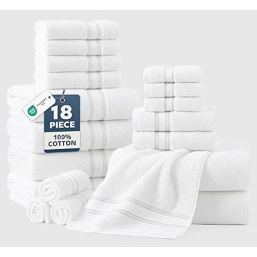 LANE LINEN Towel Set of 18 – Premium 100% Cotton, Zero Twist, 6 Large Bath Towel, 6 Hand Towels & 6 Wash Cloths, Quick Dry & Long-Lasting, Perfect for Family Bathrooms, Easy Care – White Towels