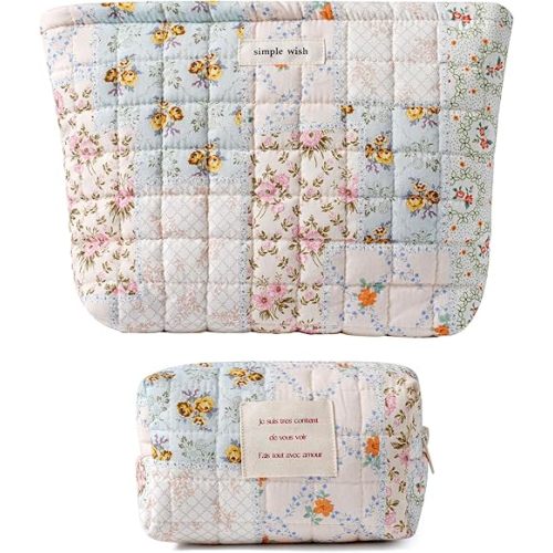 uekeboag 2Pcs Cute Quilted Cotton Makeup Bag, Coquette Quilted Aesthetic Cosmetic Zipper Pouch for Women and Girls,Kawaii Travel Toiletry Bag(01Pink Flower)