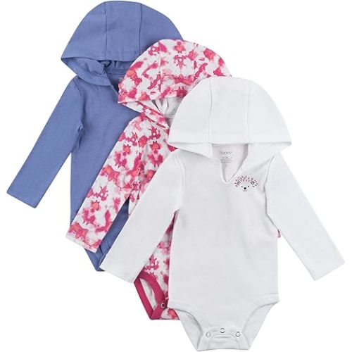 Hanes Baby Girls Bodysuits, Ultimate Flexy Hoodie Infant Long Sleeve 3-pack, Purple/Pink, 0-6M US