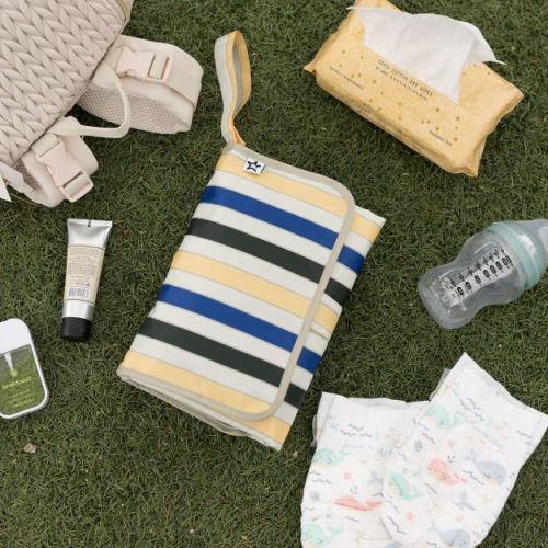 Portable/Foldable Waterproof Diaper Changing Pad with Smart Wipes Pocket (Retro Stripes)