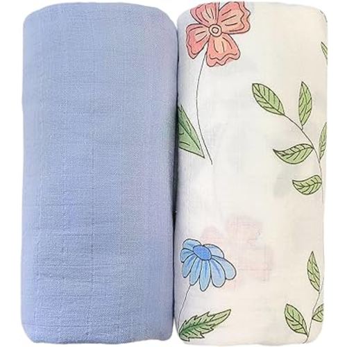Moonybaby Organic Muslin Swaddle Blankets for Baby Boys and Girls, Certified by Oeko-TEX Standard 100, 2 Pack Baby Receiving Blankets Swaddle Wrap,47x47 inches