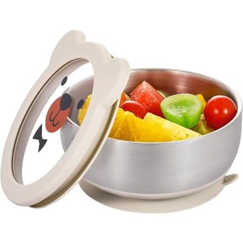 MR. CHOU Baby Bowls with Non-Slip Silicone Suction Cup, Insulated Double-Layer 18/8 Stainless Steel Toddler Bowls with BPA Free Airtight Lids, Food-Grade Silicone Safe for Kids (Gray)