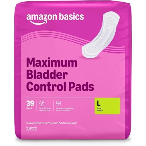 Amazon Basics Incontinence Pads for Women, Postpartum, Long, Maximum Absorbency, Bladder Control, Unscented, 39 Count, Packaging May Vary
