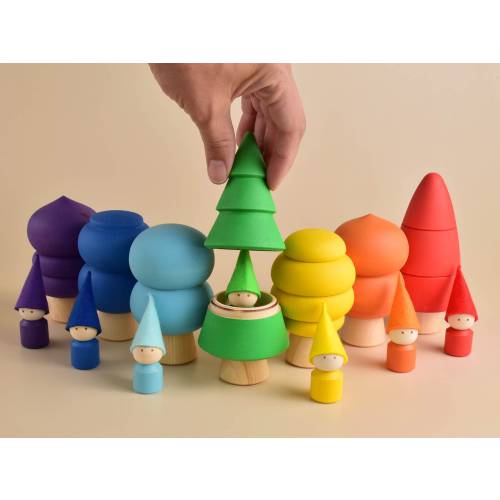 Wooden Toy Trees Figurine with Peg Dolls Gnome Set Rainbow Nesting Dolls Montessori Materials Color Sorting Learning Game Open Ended Toys