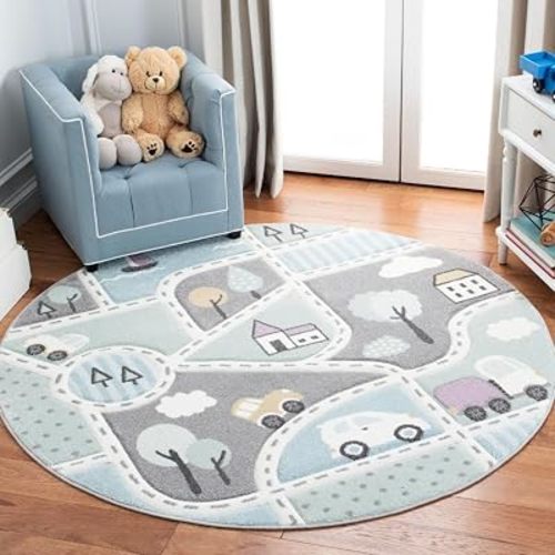 SAFAVIEH Carousel Kids 100 Round Rug 5 ft, Gray & Light Blue CRK193F