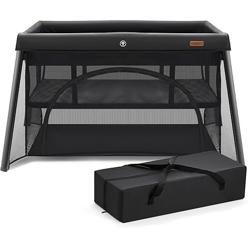 HARPPA Travel Crib with Comfy Mattress, Lightweight Portable Crib Requires No Assembly, Foldable Pack and Play for Baby and Toddlers, Compact Play Yard with Bed,Black