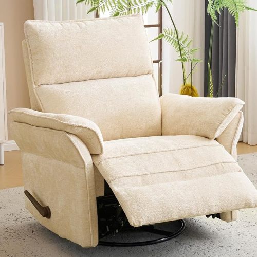 Oversized Swivel Rocker Recliner with Adjustable Headrest, Rocking Chair Nursery with Overstuffed Armrest, Manual Rocker Recliner Nursery Chair for Living Room,Beige