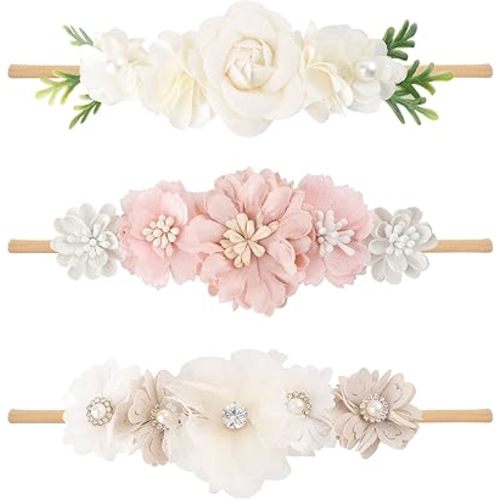 cherrboll 3pcs Baby Girl Headbands Flowers, Super Soft & Stretchy Nylon Floral Hairbands for Newborn Toddler