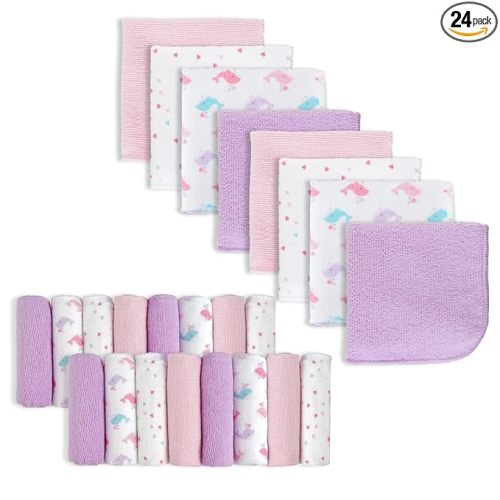 softan Baby Washcloths, 24Pack Baby Wash Cloths Extra Soft & Ultra Absorbent, Baby Towels and Washcloths Face Towel Unisex for Boys Girls Body, Washclothes Gentle on Sensitive Skin, 9x9 Pink Whale