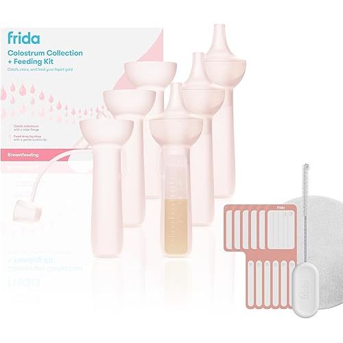 Frida Mom Colostrum Collection Kit, Catch, Store & Feed Breastmilk, Includes 6 Colostrum Collectors, 6 Labels, Cleaning Brush, Cloth & Case, Hospital Bag Ready, Safe Materials, 15pc kit
