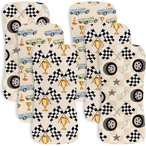 JoyframeAI 6Pack Baby Burp Cloths for Boys Large 18x8 Inch Soft Absorbent Muslin Burp Rags Vintage Race Car Checkered Flag Theme Newborn Spit Up Towels Registry Nursery Essential