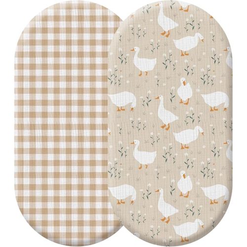 2 Pack Muslin Silly Goose and Khaki Gingham Baby Bassinet Sheets for Girls Boys Soft and Breathable Plaid Cradle Bed Cover for 32'' x 16" Oval Hourglass Infant Nursery Toddler Room Decor