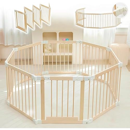 Baby Playpen, Playpen for Babies and Toddlers, Foldable Wooden Play Yard with Gate, Adjustable Baby Activity Center with Child Proof Lock, Fence Play Area for Toddlers 1-3（56 * 56 * 24inches）