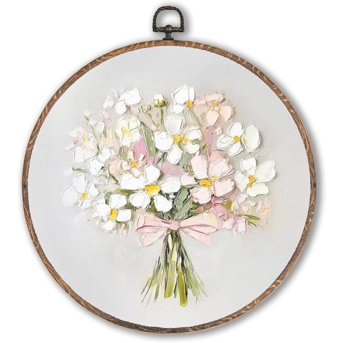 Vintage Pink Bow Floral Bouquet Round Wall Art Framed, White Floral Round Wall Decor, Vintage Flower Hanging Canvas Prints Wall Sculptures for Home Bedroom Living Room Decor, 10x10 Inch