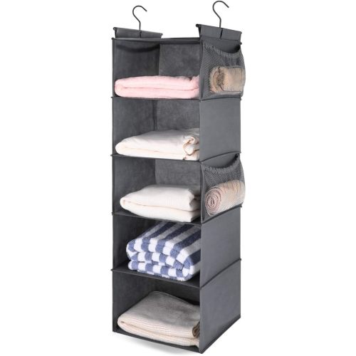 MAX Houser 5 Shelf Hanging Closet Organizer, Space Saver, Cloth Hanging Shelves with 4 Side Pockets, Foldable, Grey
