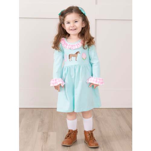 Horsing Around Embroidered Gingham Ruffle Dress