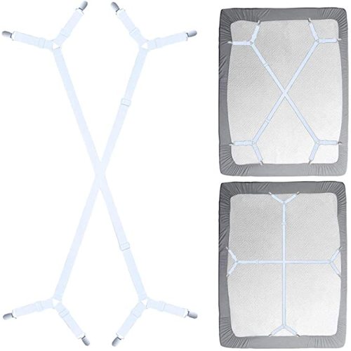 Sheet Fasteners Suspenders Straps - Adjustable Crisscross Bed Sheets Holder Clips Elastic Band Sheet Keeper Stays Grippers,2Pcs/Set White