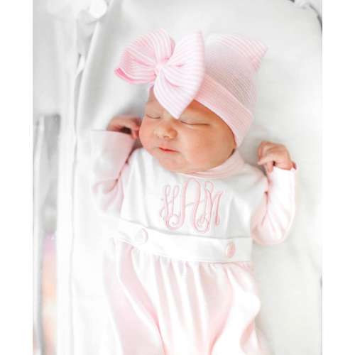 Baby girl coming home outfit, Monogrammed footie romper, Personalized Baby gift, sleeper, newborn picture bib front pink, tiny stripe
