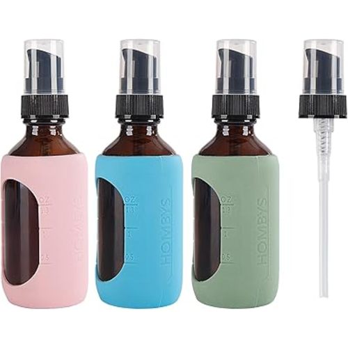 HOMBYS 2 Oz Small Glass Pump Bottle With Silicone Sleeve Protection - Empty Refillable Travel Size Amber Container for Toiletries, Lotion