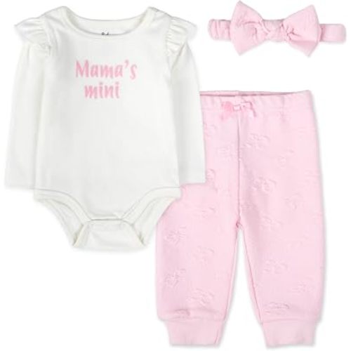 Baby Essentials Infant Girl 3-Piece Outfit Set with Bodysuit, Quilted Jogger Pants & Headband