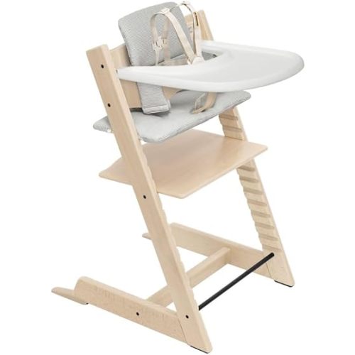 Stokke Tripp Trapp High Chair 2 (Natural), Cushion 2 (Nordic Grey) + Stokke Tray (White) - Includes Chair + Baby Set with Removable Harness for Children 6-36 Months