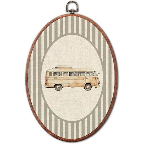 Vintage Original Bus Nursery Oval Wall Art Framed, Grey Striped Watercolor Vehicles Framed Canvas Prints, Unique Bus Decoration Hanging Wall Decor for Kids Toddler Room Bedroom Playroom, 8.6x11.4 Inch