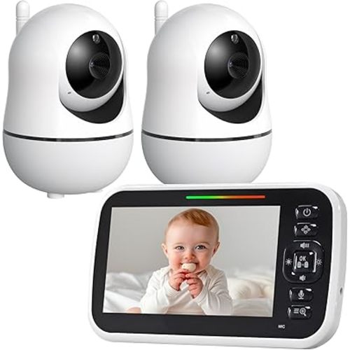 Baby Monitor with 2 Camera, 5'' Screen, Remote Pan-Tilt-Zoom, Temperature Monitoring, Lullabies, and Night Vision - 1000ft Range, VOX, No WiFi, 2-Way Talk