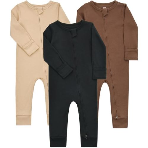 Aablexema Baby Cotton Footless Pajamas with Mitten, 3-pack Infant Romper Zip Up One Piece Jumpsuits Outfit