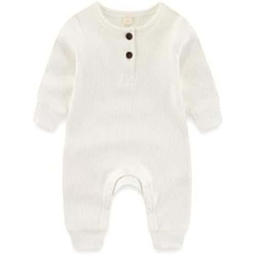Newborn Baby Boys Girls One Piece Romper with Mitten Cuffs Solid Long Sleeve Ribbed Button Jumpsuit Outfit Clothes