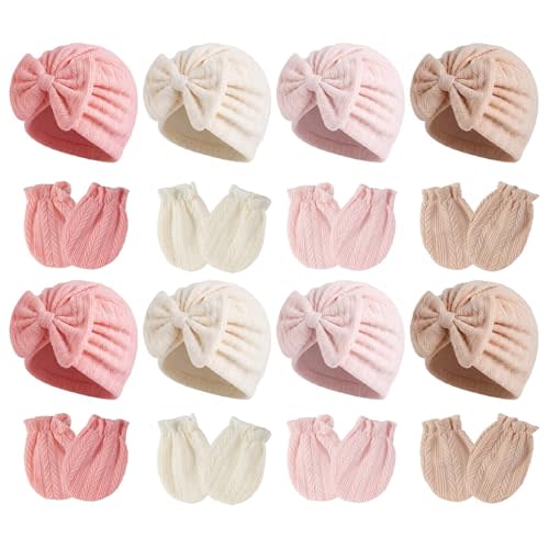 8 Sets Newborn Baby Hats & Mittens Cotton Preemie Infant Bow Beanies Caps Gloves Hospital New Born Boy Girl 0-3 Month