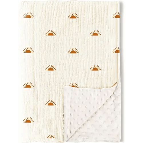 Konssy Baby Blankets for Unisex Boys Girls, Super Soft Nursery Minky Blankets with Muslin Cotton Front and Dotted Fleece Backing, Printed Bed Throws Newborn