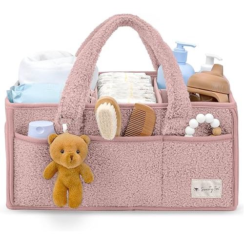 Sweety Fox Baby Diaper Caddy Organizer with Handle - Portable Sherpa Nursery Basket - Car Diaper Organizer, Cleaning Caddy, Gift for Baby Shower - Pink