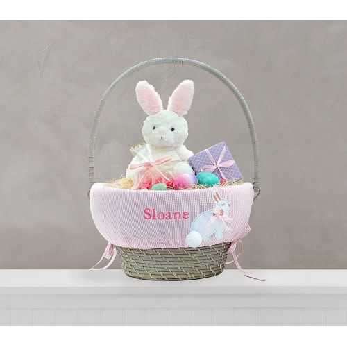 Pink Seersucker Applique Bunny Easter Basket Liner - Large