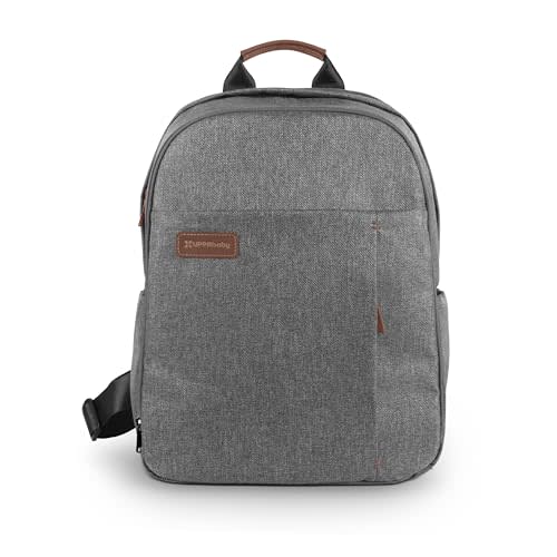 UPPAbaby Changing Backpack - Multiple Storage Compartments - Side Bottle + Laptop Pockets - Trolley Sleeve - Stroller Strap Attachment - Greyson - Charcoal Mélange| Saddle Leather