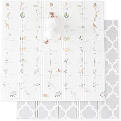 Cuddle & Learn Playmat by Fortella, Foldable Foam Baby Play Mat for Floor, Extra Large & Padded for Tummy Time and Outdoors, Portable with Travel Case (Alphabet & Moroccan 71.5x70x0.6 inch)